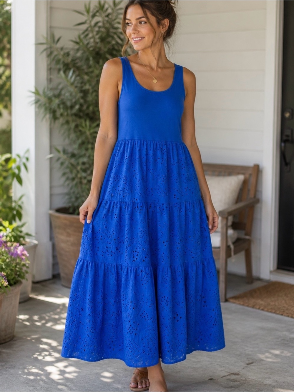 Scoop Neck Maxi Tank Dress Tiered Eyelet Royal Blue Boho Coastal Cottage Sz XXL